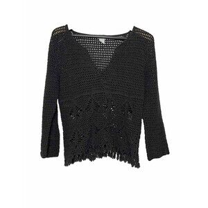 URCHIN MARK EISEN Knit Crochet long Sleeve Blouse Womens Large Black Fringe Top
